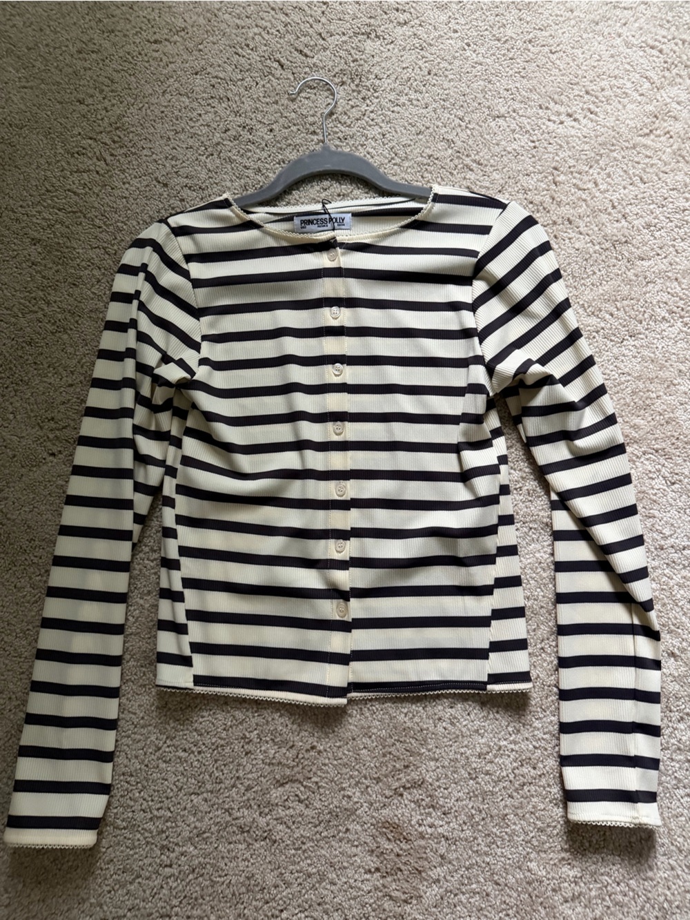 Princess Polly Cream & Black Striped Button-Front Top